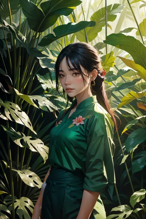 1girl  standing in a jungle with plants, artwork in the style of guweiz, inspired by Yanjun Cheng, in a tropical forest, by Yang J, in the art style of bowater, 🌺 cgsociety, loish and ross tran, in a jungle, by Ni Tian, by Ryan Yee, loish and wlop