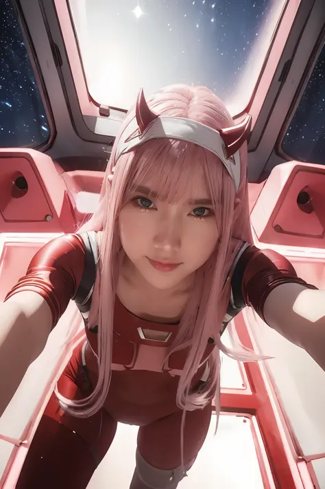 (Overhead view),dynamic angle,ultra-detailed, illustration, straight on, 1girl, ((Zero two, interface headband with a pair of horns, red bodysuit:1.4, pink hair)), Her eyes shone like dreamy stars,(glowing eyes:1.233),(beautiful and detailed eyes:1.1),(exp...