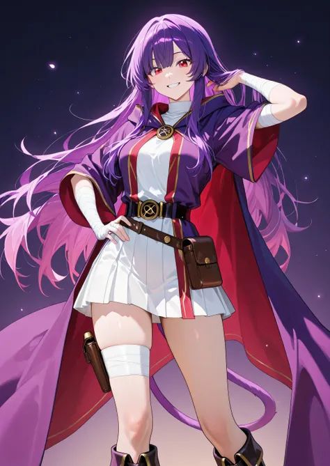 "A beautiful woman with long, flowing red purple twin-tail hair. She has striking red eyes and a confident, playful smile. She wears a blue grand mage robe, radiating a sense of wisdom and power. Her left arm is wrapped in white bandages. A holster is stra...