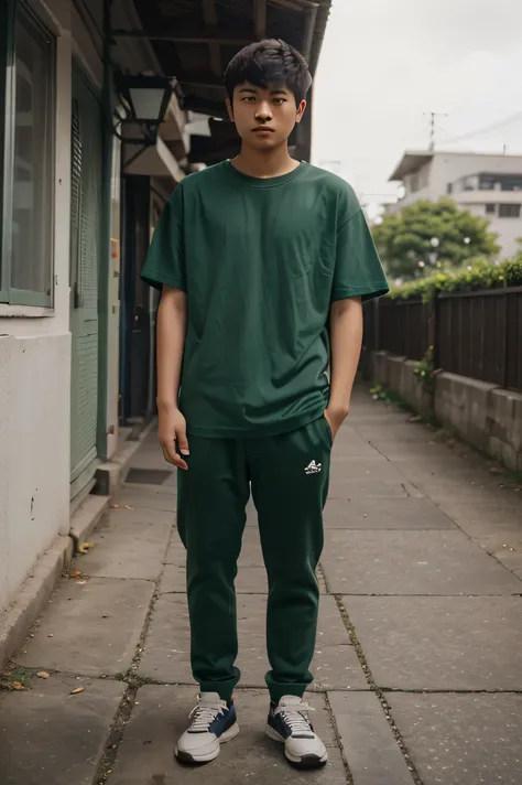 make a 20 year old asian guy standing facing behind fullbody wearing a plain dark green all size t-shirt 