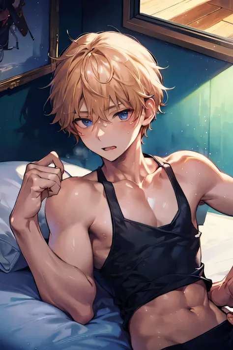  Masterpiece,  top quality, one man,Short Hair, is cool, muscular, tank top, lies on the bed,nervous, pretty eyes, beautiful face,Natural Mouth