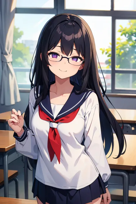 Whiteを着ている　後ろ向きで is standing　  girl 　 A Cup Breasts　 black hair　 long hair that spreads unkempt 　 purple eyes　Glasses　Sleepy eyes　 zitoida　smile（（One person）） Half Sleeve Sailor Suit　White　  lower body navy blue mini skirt 　 black panties　（（ panties that y...