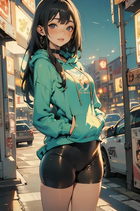  top quality, Anime style masterpiece , (  alone:1.1),In front of a convenience store at night ,Lawson,  girl,whole body,Front  , blue hoodie  , Black Leggings,   black hair, long hair. provocative smile, 