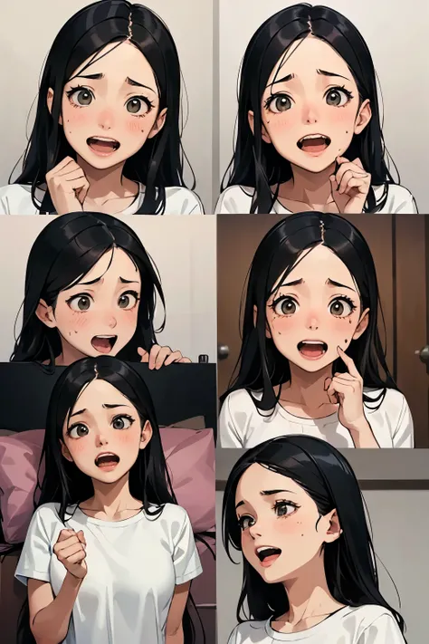 (best quality,4k,high resolution,masterpiece:1.2), In a hospital, a 14-year-old girl is forcing laugh, covering her both cheeks by her hands, being shocked,being very scared, being surprised, a photorealistic cute girl with long black hair, wearing white p...