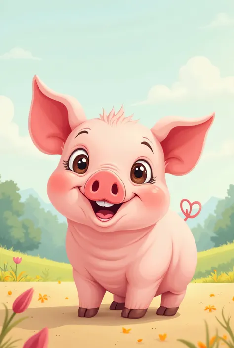  pig farm real.  Smiling expression ,  friendly and cheerful mood .  big expressive eyes , simple design. happy and carefree atmosphere.  Flat coloring style , clear contours,  cartoonish and -friendly . Simple perspective , full view.  Perfect for illustr...