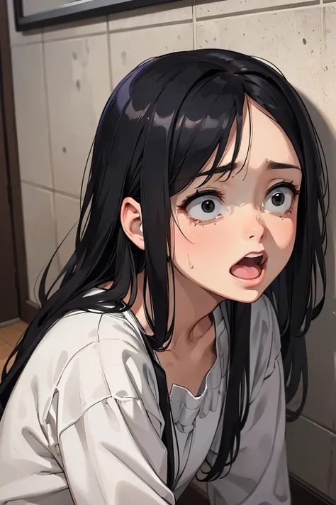 (best quality,4k,high resolution,masterpiece:1.2), A 14-year-old girl  falls in a hospital halfway, kneeling up on the floor of the halfway, looking up, being shocked,being very scared, being surprised, a photorealistic cute girl with long black hair, wear...