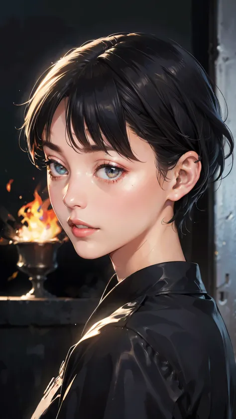 20-year-old woman、Black Blue Hair、 very short hair、 big smile、( High Cut Fade :1.3)、Dark Theme、Mute Tone、 Calm Colors 、 High Contrast、( natural skin texture with fire all around、 hyperrealism 、Soft light、 sharp)