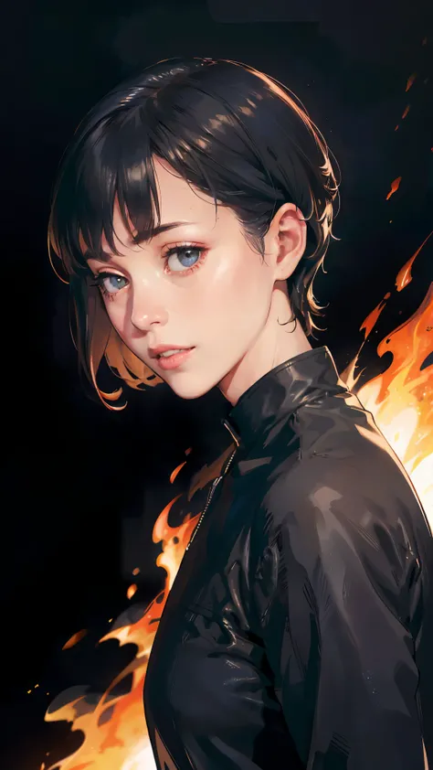 20-year-old woman、Black Blue Hair、 very short hair、 big smile、( High Cut Fade :1.3)、Dark Theme、Mute Tone、 Calm Colors 、 High Contrast、( natural skin texture with fire all around、 hyperrealism 、Soft light、 sharp)