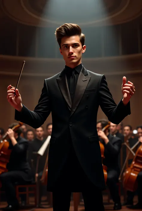 a realistic man character maestro young man on stage leading a band wearing black suit 