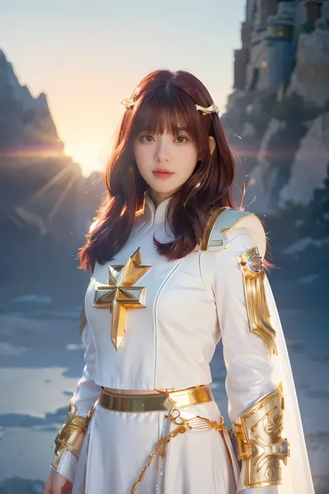 ((masterpiece, best quality, extremely detailed), volumetric lighting, ambient occlusion, colorful, glowing), 1girl, solo, young girl, (maroon hair with bangs), long hair, halo, aura, sacred, goddess, cleric suit, (white outfit with gold detailst:1.3), arm...