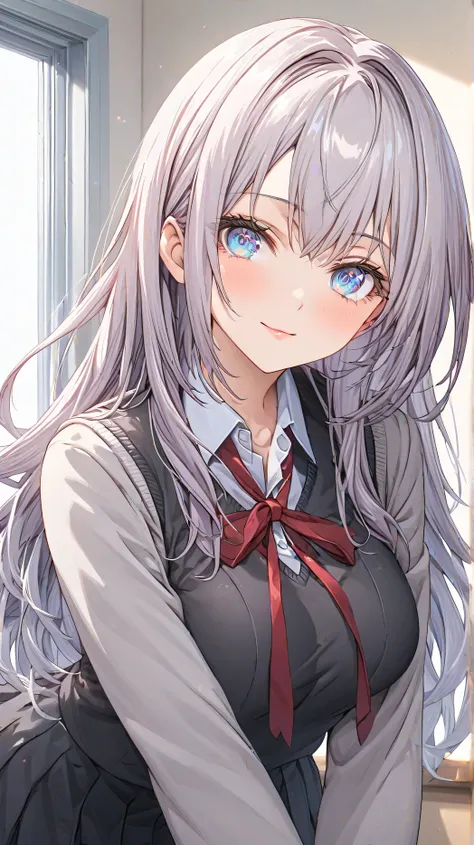  1 girl, Alone, 
(( top quality、 Hi-Res、 Highly Detailed CG Unity 8K Wallpaper)),

  Alisa Mikhailovna Kujou   ,  long hair, long hair,( Silver Hair), stupid hair,  side bangs , (Red ribbon on the right side of the hair),  side lock,  blue eyes,  medium bo...