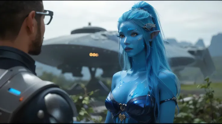 a close up of a person with blue hair and a blue outfit, beautiful avatar pictures, attractive sci - fi face, from a 2 0 1 9 sci fi 8 k movie, alien woman, in a scifi movie, blue-skinned elf, sci-fi female, female alien, blue elf, sci fi characters, epic s...