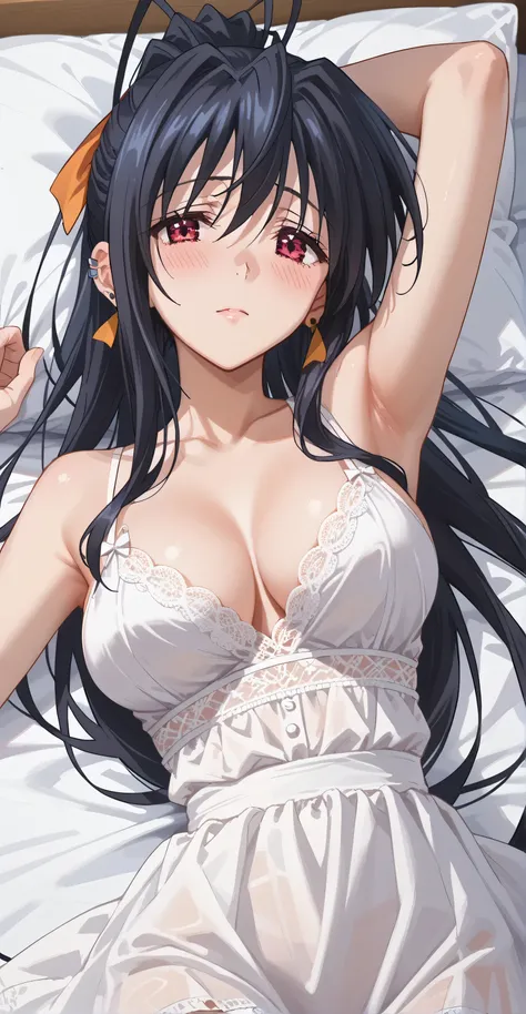 Akeno himejima  , (long hair, Black hair ), earrings, ear piercing, multicolored hair, score_9, score_8_up, score_7_up, source_anime, masterpiece,best quality, medium breasts, shy, White nightdress, transparent, cleavage, cool face, looking at viewer, layd...