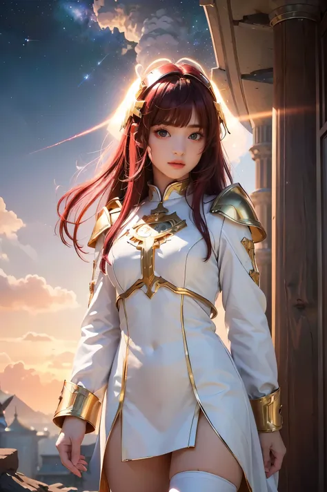 ((masterpiece, best quality, extremely detailed), volumetric lighting, ambient occlusion, colorful, glowing), 1girl, solo, young girl, (maroon hair with bangs), long hair, halo, aura, sacred, goddess, cleric suit, (white outfit with gold detailst:1.3), arm...