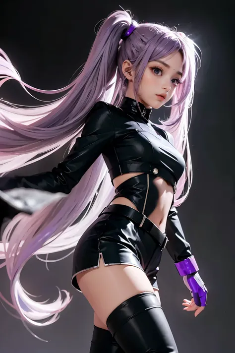 Best Quality, Ultra High Resolution, Cute, (KPOP Idol), (Long Twintail), (Light Purple Hair:1), ((Big Eyes)), Looking at you,
BREAK ((upper body:1.3)), Front View,A character with long, flowing silver hair and a slender build, wearing a black and white out...
