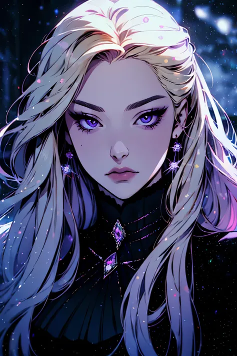 hyper-realistic portrait of a mysterious and elegant woman with flowing soft highlighted blonde hair, piercing ((purple eyes)), heavy winter (snowing), back, olhando back, stem, (Snow background), black winter dress, shiny rhinestones