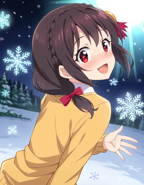  high image quality, high quality、 
Yunyun、  black hair ,  hair accessories,  red eyes, ,  braided,1 person
( yellow sweater:1.2)、Standing、(Looking up:1.2)、(blush)、(Surprised Smile)、( Snow Flutters)、( snowflakes dance like a queen:1.2)、( sunshine)、(Sunshin...