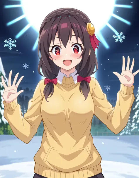  high image quality, high quality、 
Yunyun、  black hair ,  hair accessories,  red eyes, ,  braided,1 person
( yellow sweater:1.2)、Standing、(Looking up:1.2)、(blush)、(Surprised Smile)、( Snow Flutters)、( snowflakes dance like a queen:1.2)、( sunshine)、(Sunshin...