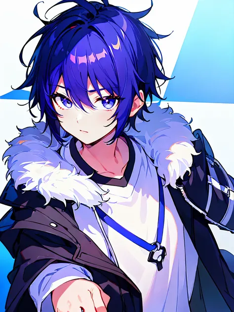 [(WHITE BACKGROUND:1.5),::5], ((((masterpiece)))), high quality, ultra very high resolution, full color, (((solo))), ((little younger boy)), men's Black Short hair, Innercolor Blue hair, (Purple eyes), anime, (upper body), Summer clothes, black parka,