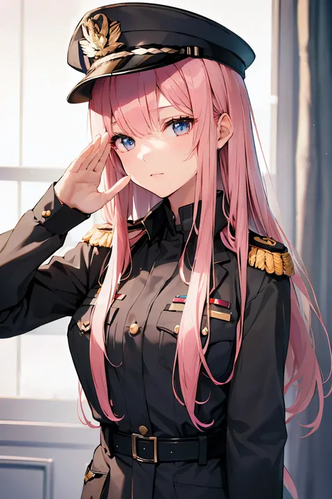 ((best quality)), ((masterpiece)), (detailed), perfect face, ((Best quality, 8k, Masterpiece: 1.3)), Girl in military uniform, long pink hair, officer, ((Salute pose))