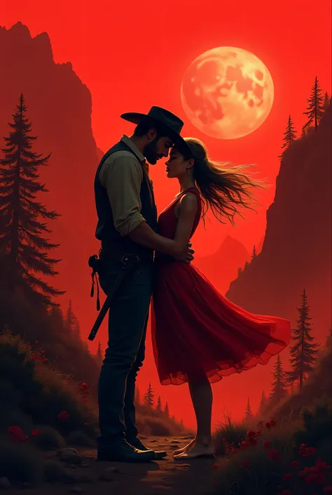 A girl who is not heard of in the mountains and a very handsome thug are in love. The background is red.