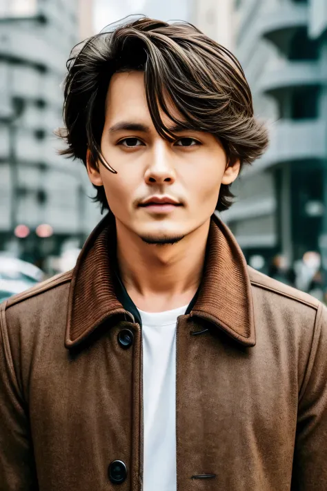  someone similar to Johnny Depp at age 25々Coolman 、 feels like a 、 chic casual clothes 、delicate face、 handsome、 My hair color is brown 、 brown eyes、Sunny daytime、Fukuoka's popular cityscape 、 cool standing figure 、The background is a cityscape 、 live acti...