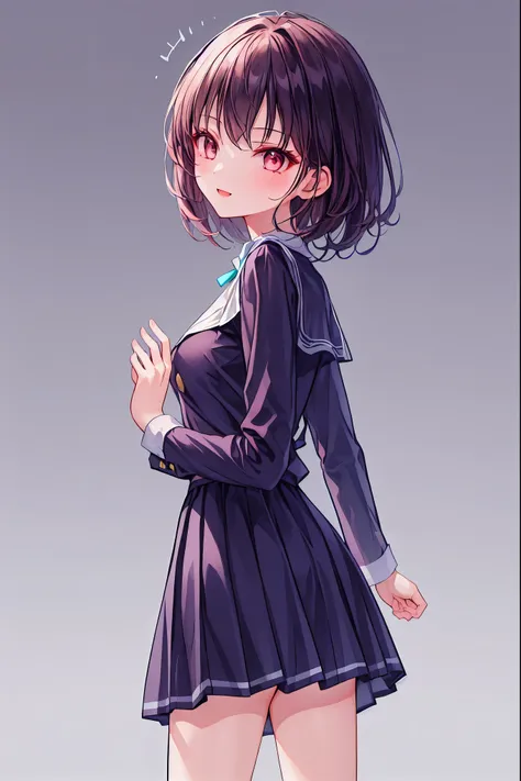  1 girl、uniform、 white shirt、 pink ribbon、Dark blue checked skirt、frills、 beautiful legs、  black hair、 short bob、 bob cut from behind、  see-through、 Panchira、smile、 big breasted、 small eyes 、 barefoot、 barefoot、 piece、baby face、master piece、 Max Image Qual...