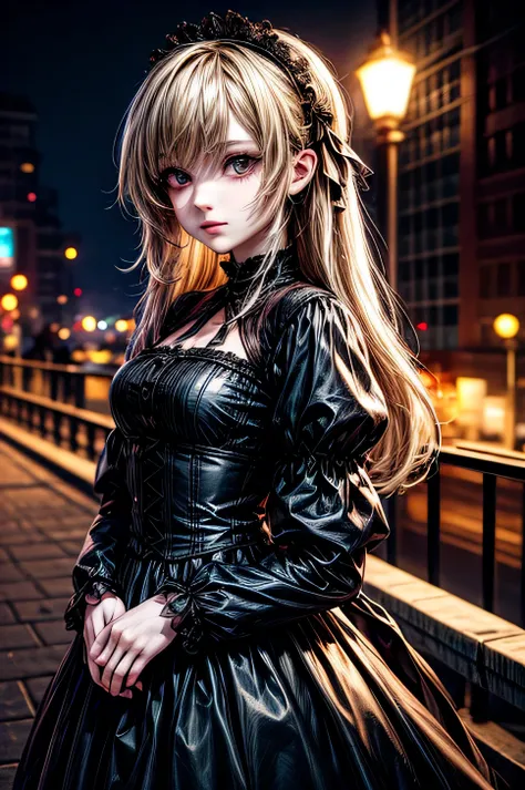  blonde woman in a black dress standing on a bridge at night, steampunk  beautiful anime women,  anime style mixed with fujifilm,  beautiful anime girl,  anime style. 8k,  beautiful anime style portrait,  gothic maiden anime girl,  Puella Lolita-style girl...