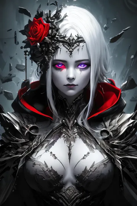 mysterious female, dark sorceress, blood red hooded cloak, black rose details, gothic fantasy, enchanted forest at midnight, glowing purple runes, silver embroidery patterns, moonlit scene, pale luminescent skin, white flowing hair, dragon scale texture on...