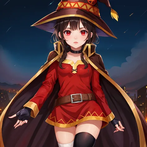  megumin, Alone, Dark Night,  compa,  short hair,   black hair,  Red Eyes ,  side lock,  long hair,, thigh high socks,  gloves,  above Decorati has ,  red dress, black  gloves, belt, black  thigh high socks, fingerless  gloves, cape,  color, witch  above D...