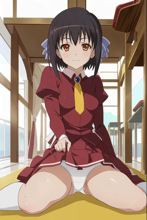 [anime styled],[official art],Tomomi_saikyou,black hair,Short hair,Hair Ribbon,red eyes,((School uniform,red school uniform:1.3,Winter clothes,Long sleeves,Long skirt,yellow ribbon tie)),classroom,((sitting on floor)),NSFW,1girl,(Portrait),close up,short t...