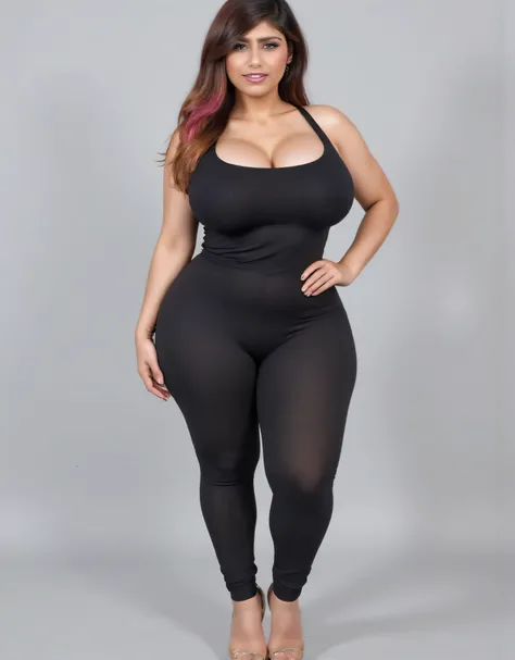 ((Full body)), front view, ,  ,   gradient  hair, bigboobs, (( tied jumpsuit, high heels, (((plus size curvy body, wide hips))) )), plain background
