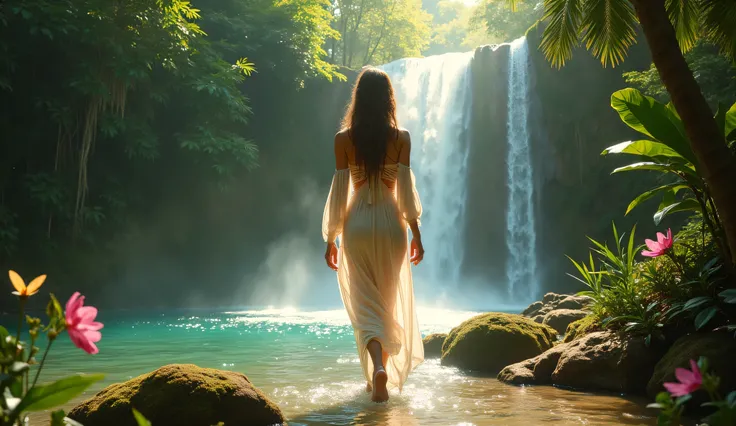 Prompt:
A young woman gracefully steps into the crystal-clear waters of a jungle waterfall, surrounded by lush greenery and the serene sounds of nature. She wears a flowing, lightweight outfit that clings gently to her form, shimmering slightly in the soft...