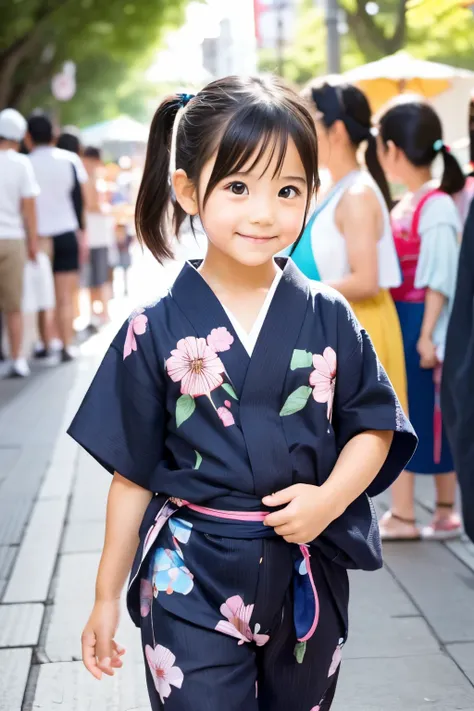  little young girl,black hair ,ピンクのyukata,ponytail ,Bon Odori,Summer Festival,morning, tight pants ,Standing in line,yukata, chubby