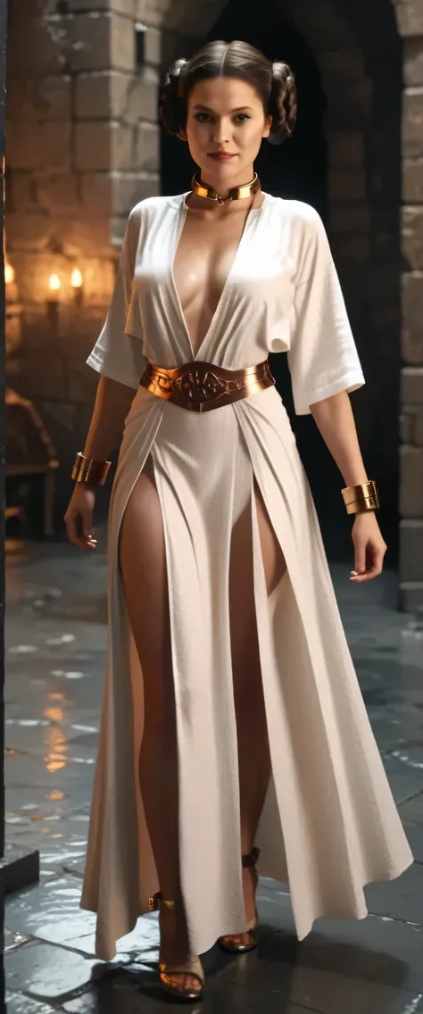 sfw,Princess Leia in erotic (slave_outfit), dungeon,golden shackles, full body