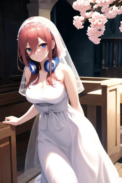  masterpiece,  top quality combat bed,   high resolution , NM1,  with headphones around her neck, church,Sakura dance ,Lace Wedding Dress, Wearing a veil,[ front photo、Looking Down,   looks awkward  、Standing 、 full body photo。
