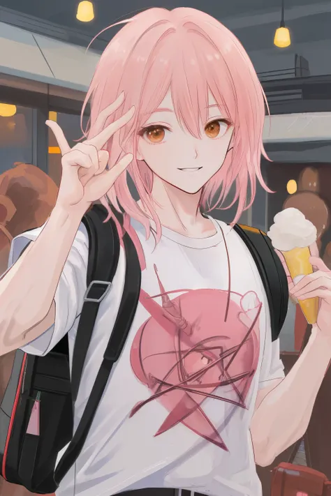 (( top quality )), (( masterpiece)), ( Detailed ), Pink-haired man holding cone icecream, Idol man, Handsome  man, brown Eyes, Backpack, smile, Casual style outfit, detail on cone icecream, 5 fingers both hand