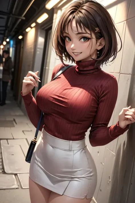 J-Pop idol wearing a turtleneck sweater, (( masterpiece)), (( top quality)), (( complicated)), ((8k)),(( surreal)), ( mature woman), ((Unparalleled)),  very well detailed,  1 girl, grin,   beautiful teeth  , ( big breasted),   Highly Detailed Face,  beauti...