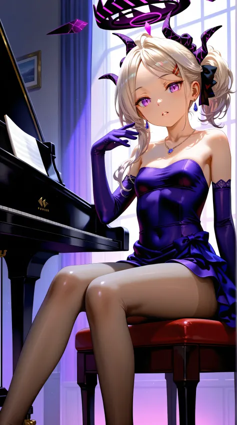 1girl,Sorasaki Hina\(blue archive\),gloves,pantyhose,dress,purple eyes,piano,close up,sitting,jewelry,elbow gloves,updo,horns,looking at viewer,(playing piano),brown pantyhose,purple gloves,long hair,foot,foot focus,necklace,purple dress,side ponytail,part...