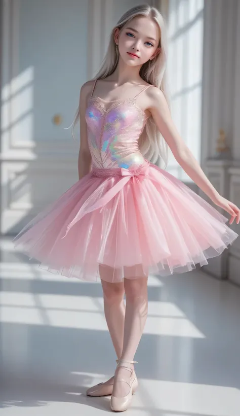 (full body shot:1.5),
(shiny holographic transparent light pink costume tutu for ballet :1.3),
beautiful tutu skirt ,
(super cute face:1),
very beautiful cute girl,
(thirteen  years old:1.2),
fair skin,(happy cheerful smile),professional photograph , (supe...