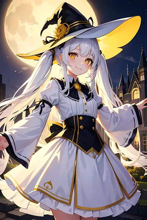 Young girl, white hair, long hair, yellow eyes, smile face, cute girl, happy girl, twintail hair, background mansion, night day, party theme, white costume, witch costume, witch hat, dance party