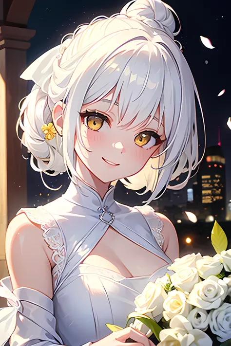 Young girl, white hair, hair bun, yellow eyes, smile face, cute girl, happy girl, background white mansion, wedding theme, white costume, wedding dress