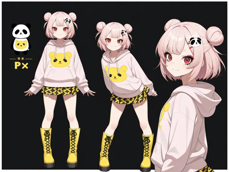 (  Masterpiece,   top quality:1.2),  pale pink hair 、 small size bun hair  、 Half Twin、 short hair 、 princess cut 、 thin oval eyebrows  、 panda face design hairpin、 Red Eyes 、 gal makeup、 miniskirt、 long boots、 hoodie with a yellow thunder pattern on a bla...