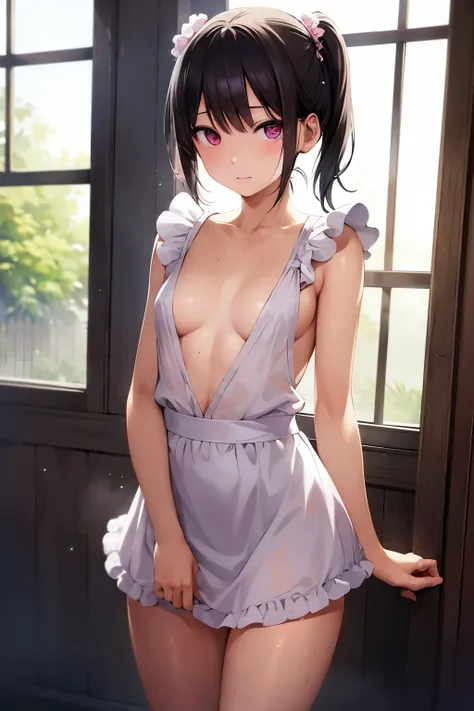 ( masterpiece),  top quality,   Hi-Res,  Details,    Details,   perfect lighting,   Abandoned sparkling, House ,  one girl,  small,    viewers  ,  small,   pink Maid Uniform , shy, Hosoda Momo   , sheer, wet, miniskirt, detailed beautiful face, detailed sk...