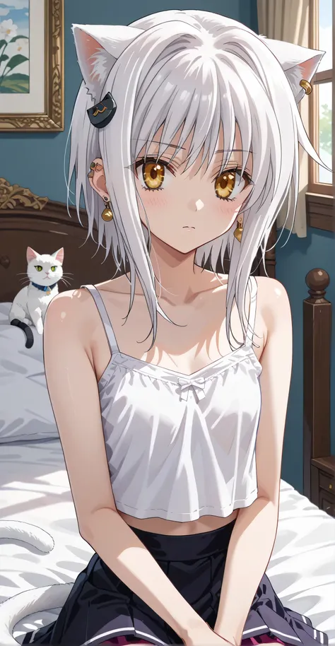 Koneko toujou , (short hair, white hair ), gold eyes, earrings, ear piercing, multicolored hair, score_9, score_8_up, score_7_up, source_anime, masterpiece,best quality, flat chest, shy, ((white camisole, crop top overhang, transparent, skirt)), ((white ca...
