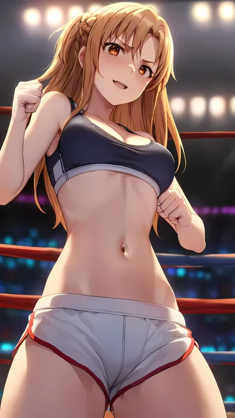 Asuna yuki(Sword Art Online), Long bronze hair, Braiding, Brown eyes, 1girl:2, Detailed eyes, (sports bra:1.5, sports short spats:1.5, boxing gloves, thigh, cleavage, small belly button:1.5, large breast:1.5), Perfect body, smile, sweaty, Toned body:1.5, D...