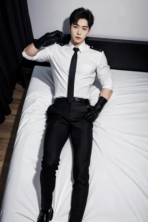 full body shot,A slim muscular, Handsome Korean boy idol is wearing a police uniform with a tie and black leather gloves. lay down Showing abs,  in bedroom. sexy.try to rape.realistic high quality


