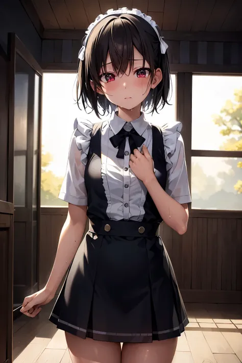 ( masterpiece),  top quality,   Hi-Res,  Details,    Details,   perfect lighting,   Abandoned Dark House ,  one girl,  small,    viewers  ,  small,   Maid Uniform ,  is crying, Hosoda Momo   , sheer, wet, miniskirt, detailed beautiful face, detailed skin, ...