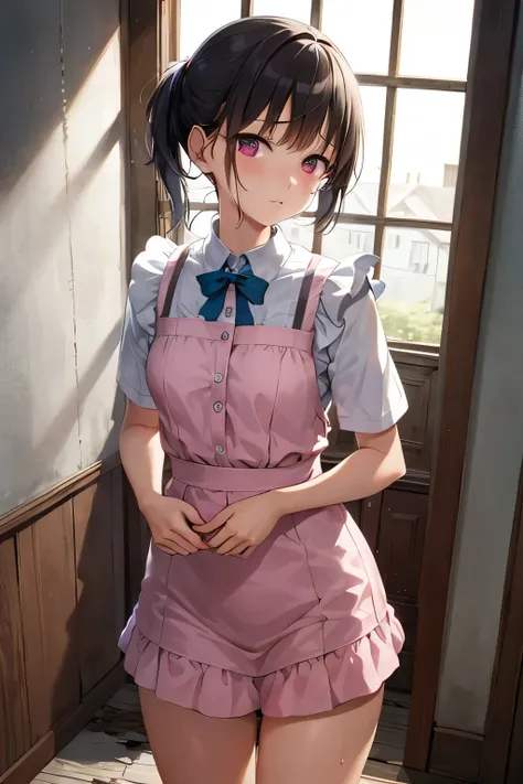 ( masterpiece),  top quality,   Hi-Res,  Details,    Details,   perfect lighting,   Abandoned House ,  one girl,  small,    viewers  ,  small,   Pink Maid Uniform ,  is crying, Hosoda Momo   , sheer, wet, miniskirt, detailed beautiful face, detailed skin, ...