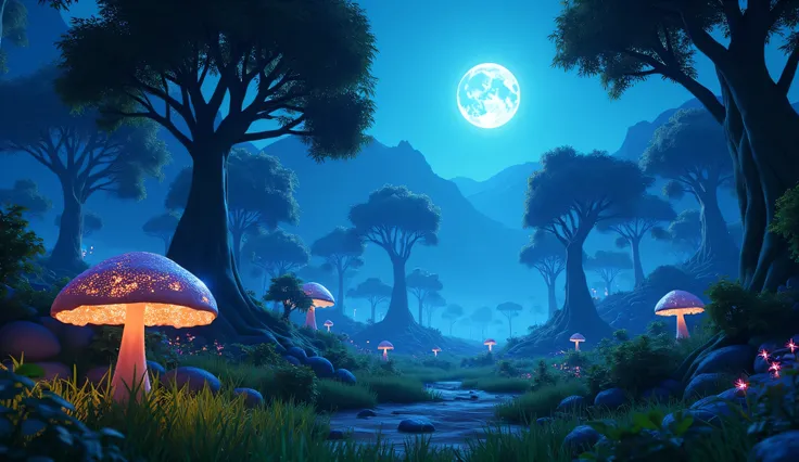 fortnite game, Avatar movie style scenario,  closed forest , night, luminescent plants, luminescent trees, cogumelo grande luminoso,  No characters in the image only the game scenario,